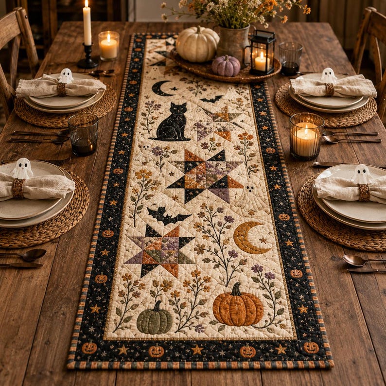 Halloween Quilted Table Runner, Fall Table Runner, Pumpkin Cat Ghost Bat Table Decor, Spooky Autumn Dining Table Runner Halloween Home Decor Design 1