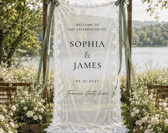 Personalized Lace Wedding Welcome Sign, Custom Sheer Tulle Wedding Banner, Romantic Lace Ceremony Sign, Entrance Sign, Reception Decor