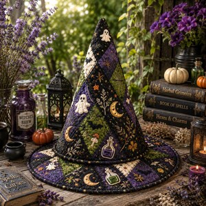 Puede incluir: Un sombrero de bruja acolchado con tela de patrón de diamantes en negro, morado y verde. El sombrero está decorado con motivos bordados que incluyen fantasmas, murciélagos, lunas crecientes, setas y frascos de pociones, con forma cónica.