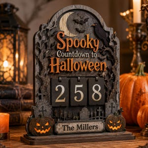 Op de afbeelding: Een houten Halloween-aftelbord in de vorm van een grafsteen met een maansikkel, vleermuizen, een raaf en kale boomtakken. De tekst luidt Spooky Countdown to Halloween en The Millers. Het bevat drie omklapbare nummerkaarten die 258 weergeven.