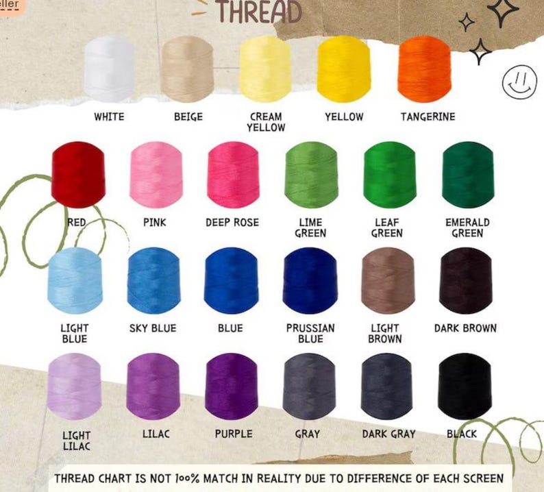 May include: A thread colour chart displaying a range of thread colours, such as white, beige, yellow, red, pink, blue, and green. The chart includes the text "THREAD" at the top and a disclaimer at the bottom.