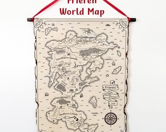 Frieren World map od Handmade Scroll, Fantasy Map inspired by Frieren Beyond Journey's End, Wall Art, Anime Home Decor, Manga Lover Gift