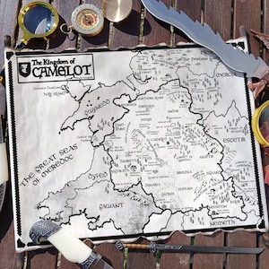 Carte Camelot - parchemin fait main - roi Arthur Pendragon Royaume de Camelot, carte Merlin, ville de Camelot, période roi Arthur et Merlin