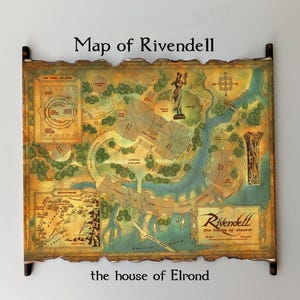 May include: A decorative map of Rivendell, the house of Elrond, with a detailed illustration of the fictional location. The map features a parchment-like appearance with a brown border and wooden accents. The text "Map of Rivendell" is at the top.