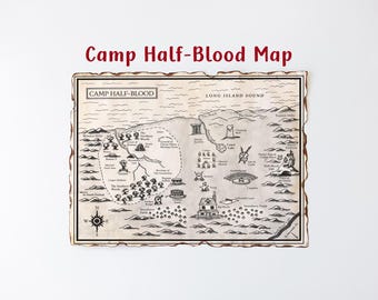 Fantasy Inspired Book Lover Gift, Camp Half-Blood Map, aged look paper print with burnt edges, Percy Jackson Art