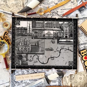 May include: A collection of fantasy-themed items, including a map of London, a compass, a magnifying glass, and decorative swords. The map features architectural illustrations and a river. A wooden notebook with "LORD OF THE RINGS" is also present.