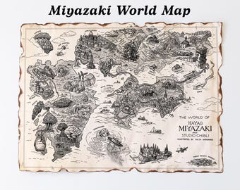 Miyazaki-Weltkarte – Papierdruck im Vintage-Look mit verbrannten Rändern – Anime-Karte der Welt von Miyazaki auf handgefertigter Schriftrolle, Anime-Zimmerdekoration