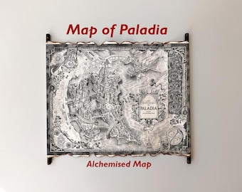 Karte von Paladia auf handgefertigter Schriftrolle, Alchemisiertes Buchliebe, der Stadtstaat Paladia und seine Umgebung, Fantasy-Karte, Geschenk für Bücherwürmer