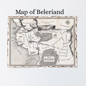 May include: A detailed map of Beleriand, featuring intricate black and white illustrations of geographical features and place names. The map has a vintage aesthetic with a distressed, burnt-edge border, and the title "Map of Beleriand" is displayed at the top.