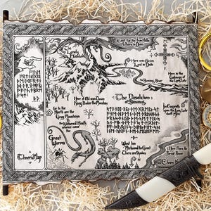 May include: A black and white map print with intricate illustrations of mountains, rivers, and creatures. The map includes text and is framed with a decorative border. A magnifying glass, compass, and dagger are placed near the map.