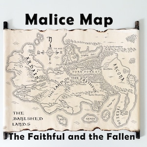 MAPA DE FANTASÍA, Mapa de las Tierras Desterradas - Pergamino hecho a mano - Los Fieles y los Caídos, Mundo del libro Malicia, Mapa del Valor, Mapa de Ruinas, Regalo de Libro