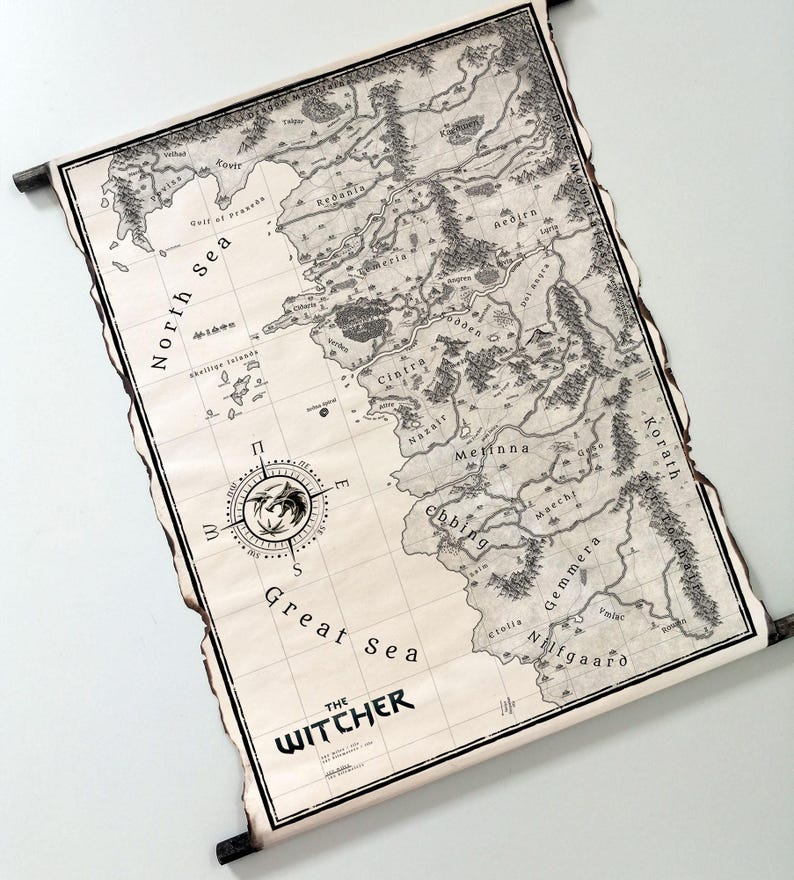 Witcher World Map on Handmade Scroll: Northern Realms Wall Art, Geralt ...