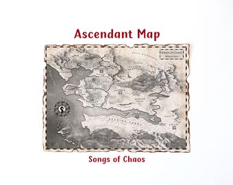Fantasy Inspired Book Lover Gift, Ascendant World Map - aged look paper print with burnt edges - Songs of Chaos Book Map