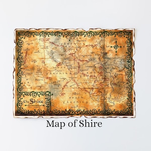May include: A detailed map of The Shire, featuring a parchment-like appearance with a decorative green border. The map includes geographical features and text, with the title "Map of Shire" below.