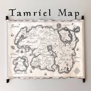 May include: A vintage-style map of the fictional continent of Tamriel, from the Elder Scrolls video game series. The map is drawn in black ink on a parchment-like background and features the names of various regions, including Skyrim, Hammerfell, Cyrodiil, and Black Marsh.