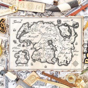 May include: An overhead shot of various book-related items. A detailed map of Tamriel is the centerpiece, surrounded by wooden bookmarks, decorative swords, a magnifying glass, and a notebook. The word "Books" is featured in a wooden cutout.
