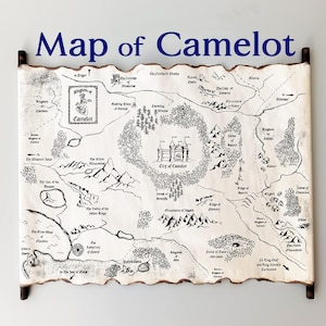 Carte du royaume de Camelot - parchemin fait main - carte de Camelot, carte de Merlin, carte du royaume du roi Arthur, carte du royaume d'Avalon, d'Albion, carte du monde de la saga Merlin,