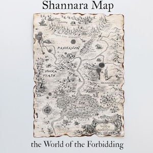 Puede incluir: Un mapa detallado del mundo de Shannara, con el texto "Shannara Map" en la parte superior y "the World of the Forbidding" en la parte inferior. El mapa es en blanco y negro con un efecto de papel envejecido.
