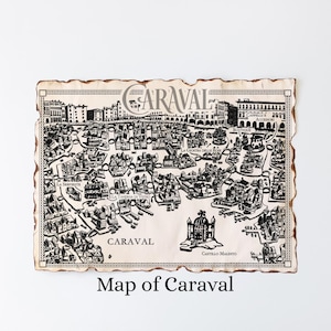 May include: A black and white map of Caraval with a distressed, aged appearance. The map features detailed illustrations of buildings and landmarks, with the word "CARAVAL" at the top and bottom, and the text "Map of Caraval" at the bottom.