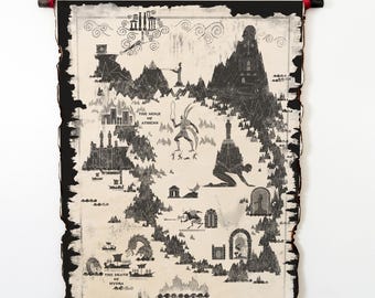 God-of-War-Karte auf handgefertigter Schriftrolle, von God of War inspirierte Kunst, Kratos-Weltkarte mit gebrannten Rändern, Fantasy-Karte, Wandkunst mit griechischer Mythologie