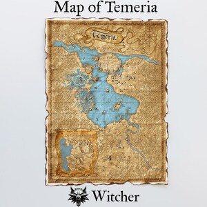 May include: A detailed map of Temeria from The Witcher series, featuring a blue lake and surrounding landmasses in shades of brown and tan. The map has a weathered, aged appearance with the text "Map of Temeria" and "Witcher".