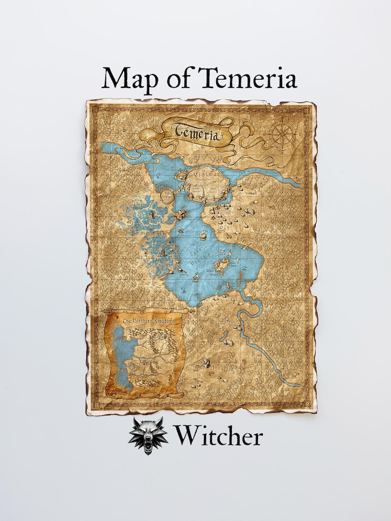 Puede incluir: Un mapa detallado de Temeria de la serie The Witcher, con un lago azul y masas de tierra circundantes en tonos marrones y beige. El mapa tiene una apariencia envejecida con el texto "Map of Temeria" y "Witcher".