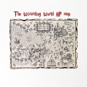 Può includere: Una mappa dettagliata del Mondo Magico, con illustrazioni di castelli, navi e paesaggi. La mappa ha un aspetto vintage, invecchiato, con un bordo bruciato e il titolo "The Wizarding World HP map" in rosso.