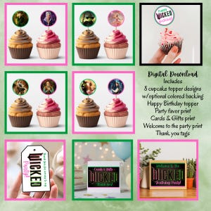 Wicked cupcake toppers, Wicked witch party favors, green and pink,pink and green, Wicked decor, Instant Download
