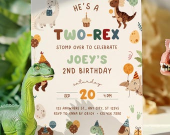 Dinosaur 2nd Birthday Invitation, TWO Rex Bday Dino Party Invite, Boy Dinosaur Printable Invitation (Instant Download, Editable Template)