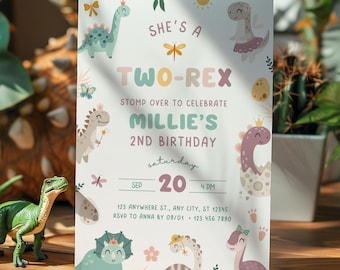 Zaproszenie na urodziny dla dziewczynki z dinozaurem, zaproszenie na drugie urodziny z dinozaurem, dwa pastelowe kolory Rex (do natychmiastowego pobrania, edytowalny szablon)