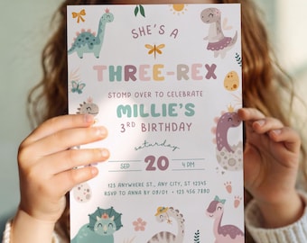 Dinosaur Girl Birthday Invitation, 3rd Bday Dino Party Invite, Three Rex Pastel Colors (Instant Download, Editable Template)