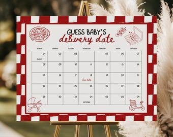 Special Delivery Baby Shower Due Date Game Sign, Guess the Arrival, Hand Drawn Pizza, Slice Slice Baby (Instant Download, Editable Template)
