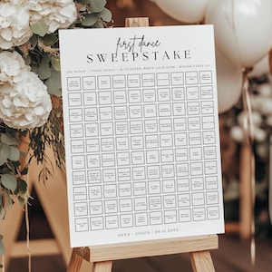 May include: A white sign on a wooden easel with the text "first dance SWEEPSTAKE". The sign has 100 squares with song titles. The bottom of the sign reads "ANNA - JASON 06.11.20xx."