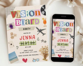 以下が含まれることがあります： カラフルな文字で「Vision Board Party」と書かれた、ビジョンボードパーティーの招待状。招待状には、主催者の名前、日付、時間、場所が記載されています。スマートフォンにも同じ招待状が表示されています。