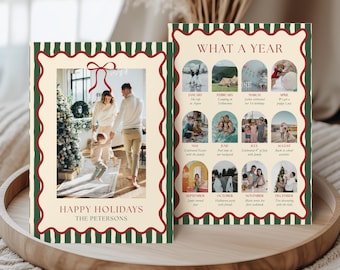 Tarjeta navideña "¡Qué año!", lazo rojo a rayas, boletín navideño, resumen del año (descarga instantánea, plantilla de Canva)