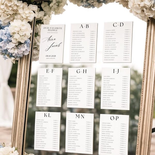Alphabetical Seating Chart Card Template, Minimalist Modern Wedding Seating Plan, Find Your Seat, A to Z (Canva Template, Instant Download)