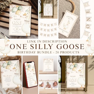 May include: A collection of party supplies with a "One Silly Goose" theme. Includes invitations, banners, tags, and signs featuring a cartoon goose with a party hat and balloons. The text includes "Noah" and "20".