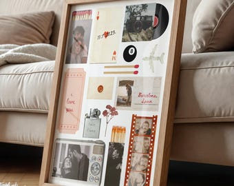 May include: A framed collage with various mementos, including photos, a playing card, a vinyl record, and a ticket that says "I love you". The frame is made of light-colored wood, and the items are arranged against a white background.