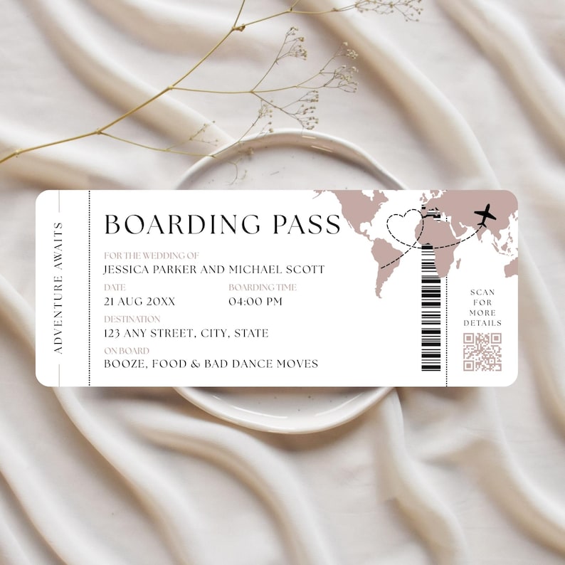 May include: A boarding pass design with a world map and airplane graphic. The pass is for the wedding of Jessica Parker and Michael Scott, with the date and time listed. The destination is 123 Any Street, City, State. The words "Adventure Awaits" are printed on the side.