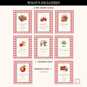 Op de afbeelding: Een set van zes kant-en-klare borden met een rood-witte ruitjesrand. De borden bevatten aquarel illustraties van appels, appelsap en een mand met appels. Tekst bevat "Kaarten en cadeaus", "Baby's zijn lief, alsjeblieft" en "Gunsten".