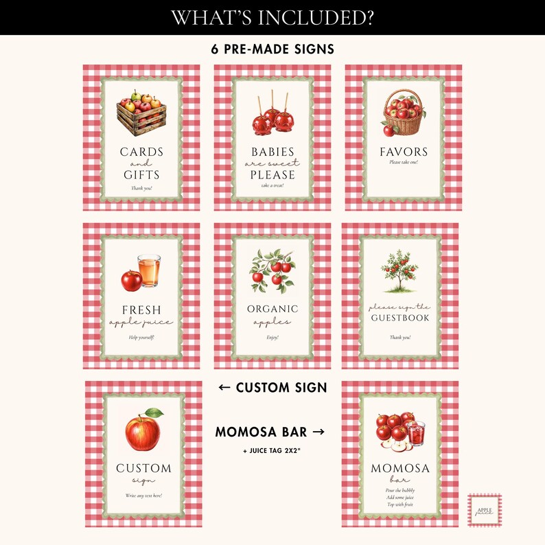 Op de afbeelding: Een set van zes kant-en-klare borden met een rood-witte ruitjesrand. De borden bevatten aquarel illustraties van appels, appelsap en een mand met appels. Tekst bevat "Kaarten en cadeaus", "Baby's zijn lief, alsjeblieft" en "Gunsten".