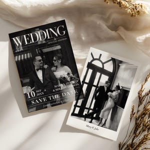 May include: Black and white wedding invitation featuring a couple in formal attire. The invitation reads "THE WEDDING" and "SAVE THE DATE" with the date "10 SEP 20XX". A second invitation shows a couple leaning against a window.