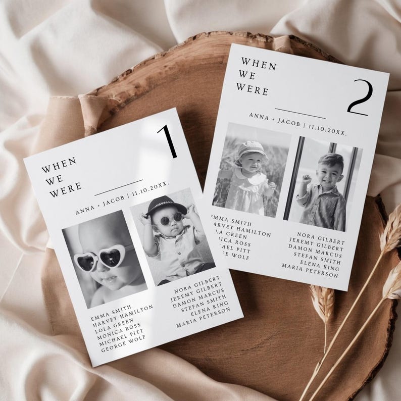 Puede incluir: Dos tarjetas fotogr&aacute;ficas en blanco y negro con el texto &laquo;WHEN WE WERE&raquo; y los n&uacute;meros 1 y 2. Cada tarjeta presenta fotos de beb&eacute;s y nombres. Las tarjetas est&aacute;n sobre una superficie de madera.