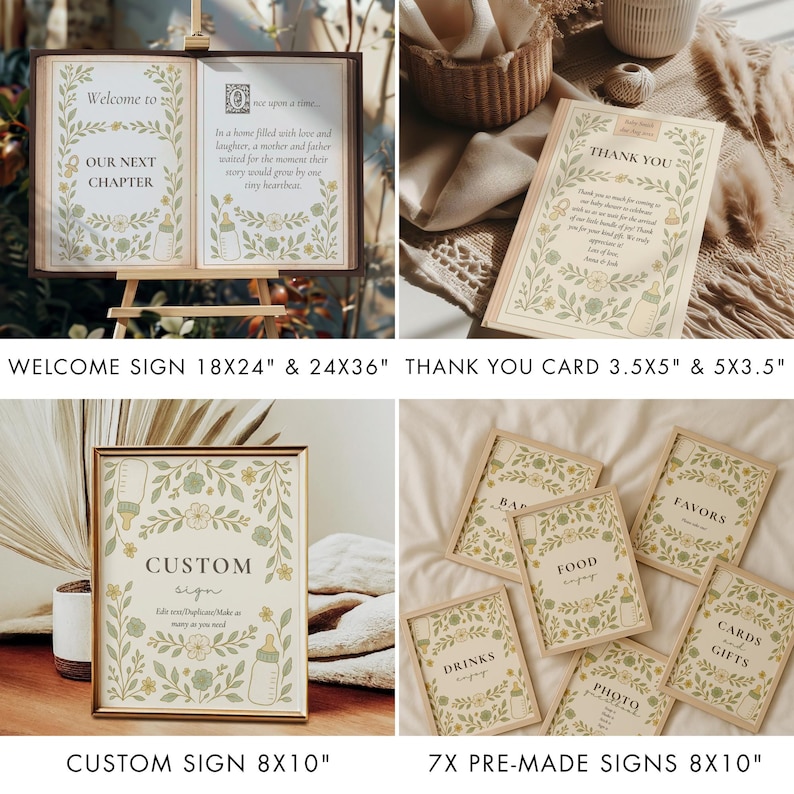 Puede incluir: Una colecci&oacute;n de letreros para baby shower con dise&ntilde;os florales y de biberones. Incluye un letrero de bienvenida, una tarjeta de agradecimiento, un letrero personalizado y letreros prefabricados para comida, bebidas, obsequios, fotos, tarjetas y regalos.