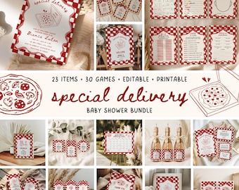 Special Delivery Baby Shower Bundle, Hand Drawn Pizza Baby Shower Invite, Slice Slice Baby (Instant Download, Editable Template)