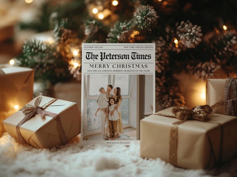 Puede incluir: Una foto con tem&aacute;tica navide&ntilde;a con una portada estilo peri&oacute;dico que dice "The Peterson Times" y "Merry Christmas". La imagen presenta un retrato familiar, regalos envueltos y un &aacute;rbol de Navidad decorado.