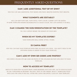 以下が含まれることがあります： 茶色のフォントで「FREQUENTLY ASKED QUESTIONS」というタイトルのドキュメント。このドキュメントは、テキストの追加、要素の変更、サイズ変更、有効期限、Canvaの使用、QRコードの追加、テンプレートへのアクセスなど、テンプレートの編集に関する質問に答えます。