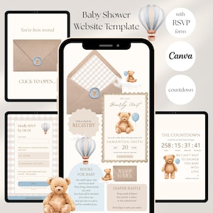 May include: A baby shower website template design featuring a teddy bear theme. The design includes a digital invitation, RSVP form, registry link, and countdown timer. The color palette is soft, with beige, blue, and brown tones. The text includes "Baby Shower Website Template" and "We Can Bearly Wait".