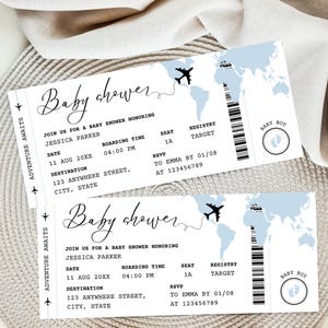 Invitación para baby shower con tarjeta de embarque, aventura te espera, mapa del mundo mixto, invitación digital editable, pasaporte, avión, boleto de avión