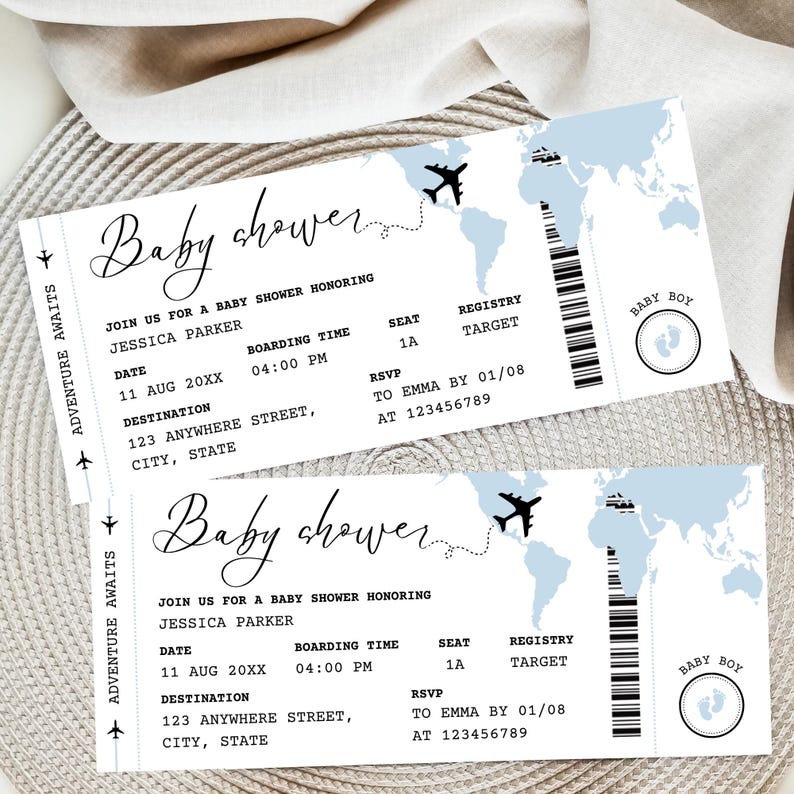 Boarding Pass Baby Shower Invitation, Dusty Blue, Inspired by Travel, Airplanes